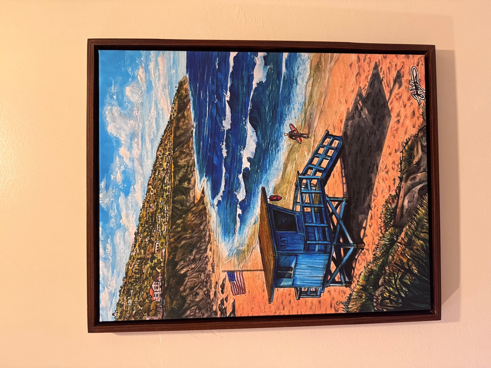 Framed canvas print — beach lifeguard tower painting, front view